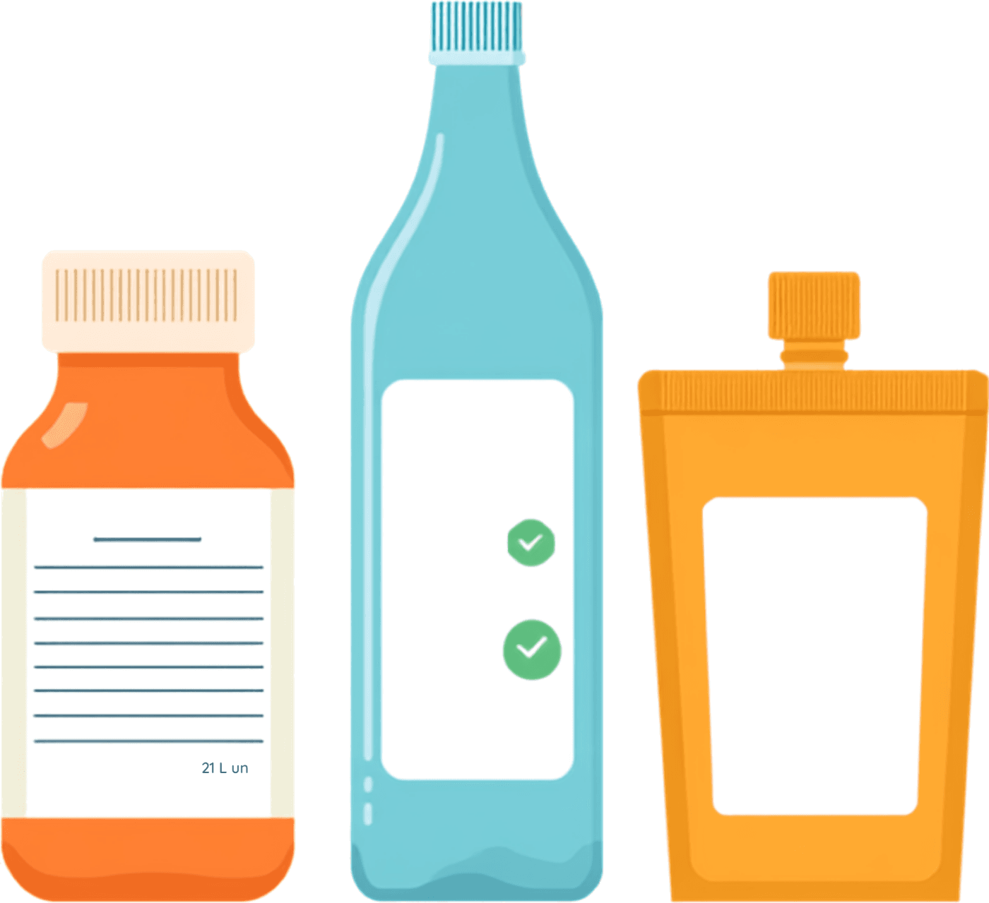 Nutraceutical supplement bottle, beverage bottle and food pouch, each with a product label panel
